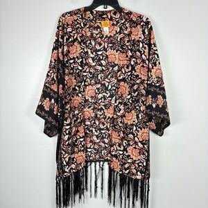 Women Fringe Kimono Open Front Cardigan 3X Plus Orange Black Boho Lagenlook